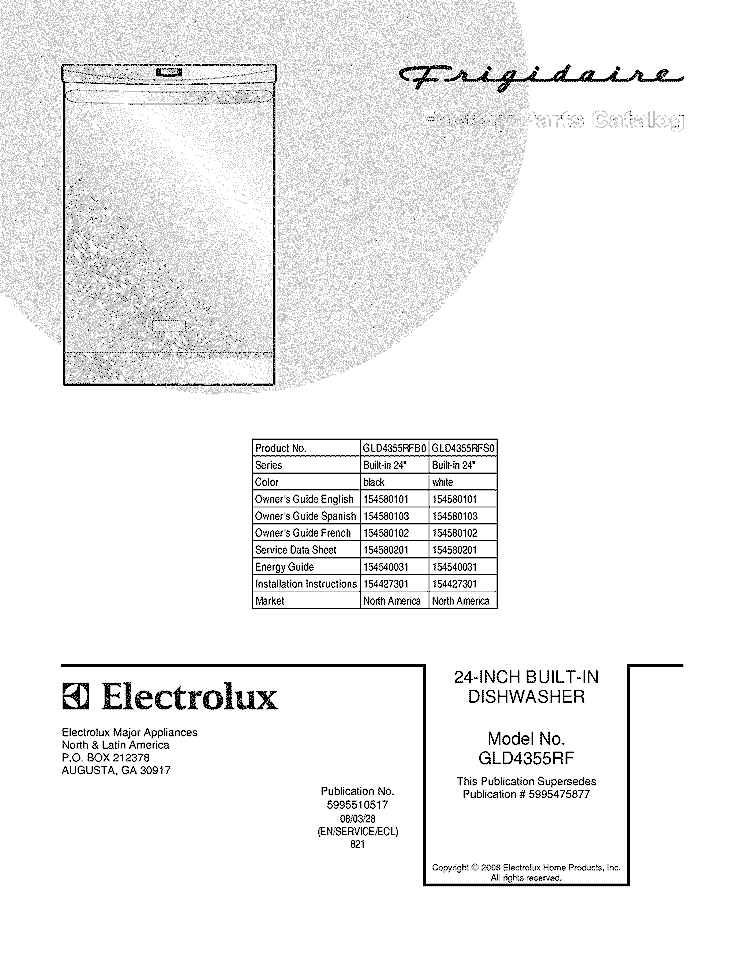 COVER Diagram and Parts List for GLD4355RFB0  Frigidaire Dishwasher