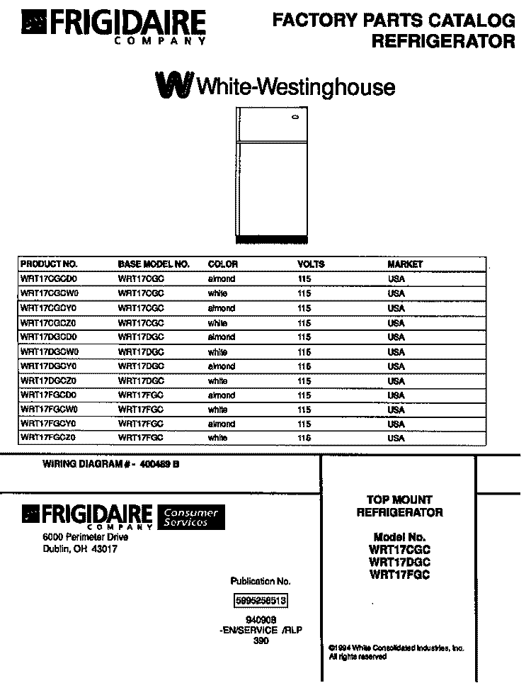 TOP MOUNT REFRIGERATOR Diagram and Parts List for WRT17CGCY0  Frigidaire Refrigerator