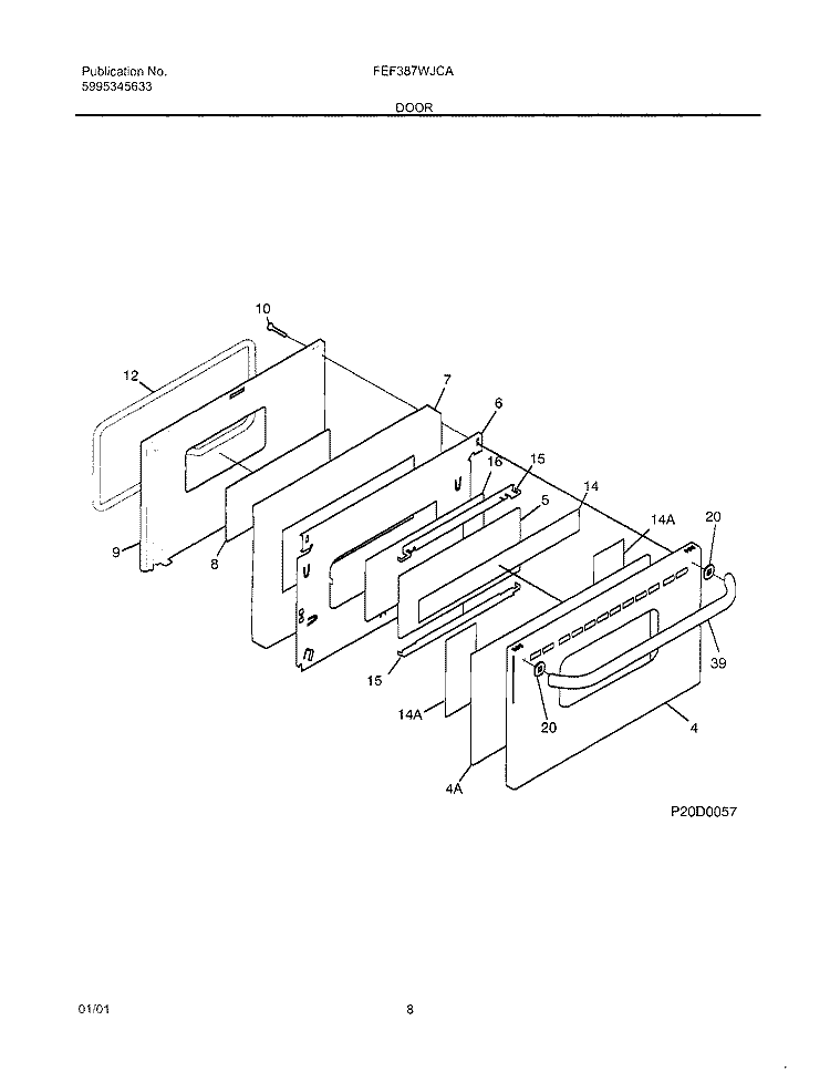 DOOR Diagram and Parts List for FEF387WJCA  Frigidaire Range