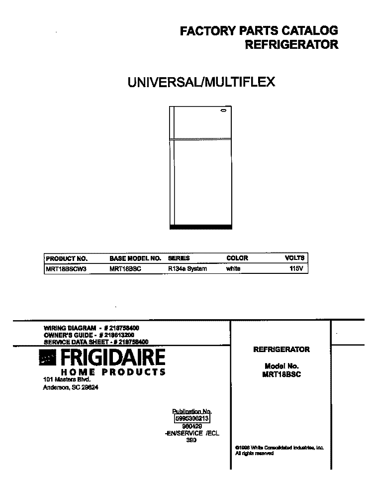 COVER Diagram and Parts List for MRT18BSCW3  Frigidaire Refrigerator