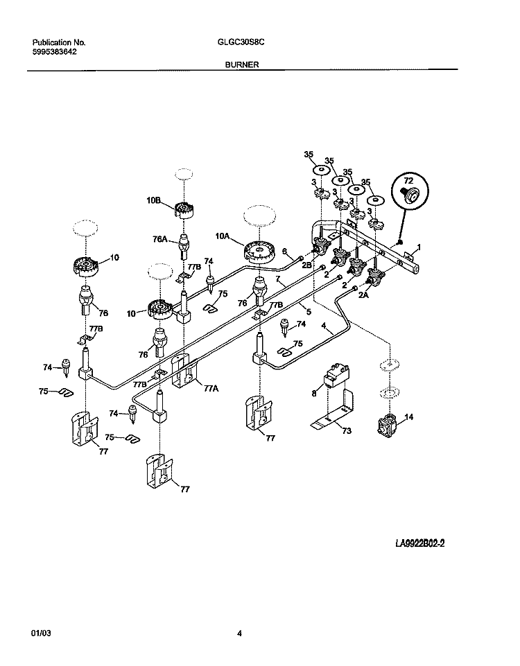 BURNER Diagram and Parts List for GLGC30S8CQA  Frigidaire Cooktop