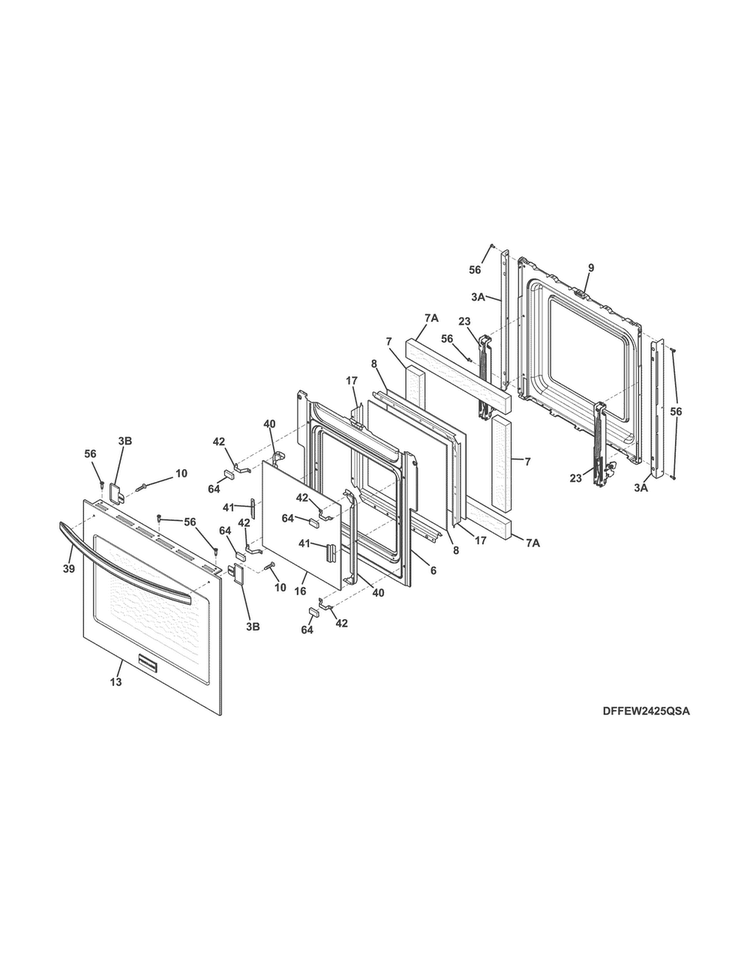 Door Diagram and Parts List for FFEW2425QSA  Frigidaire Wall Oven