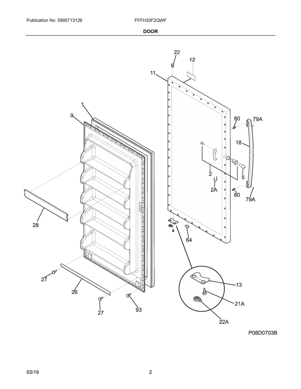 Door Diagram and Parts List for FFFH20F2QWF  Frigidaire Freezer