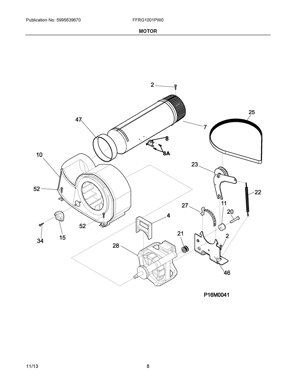 Motor Diagram and Parts List for FFRG1001PW0  Frigidaire Dryer