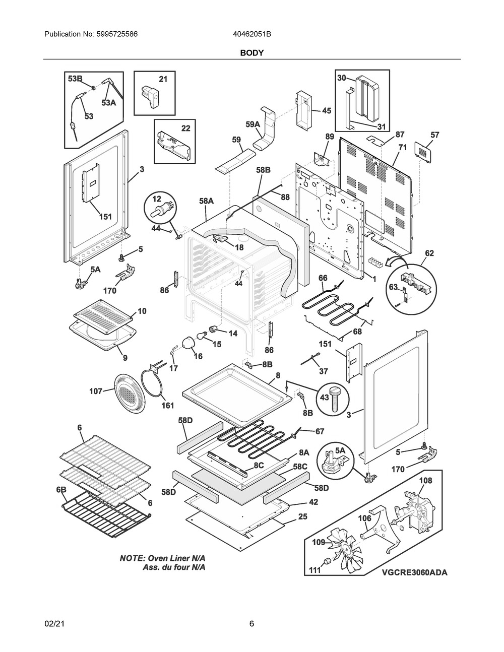 Body Diagram and Parts List for 40462051B  Frigidaire Range