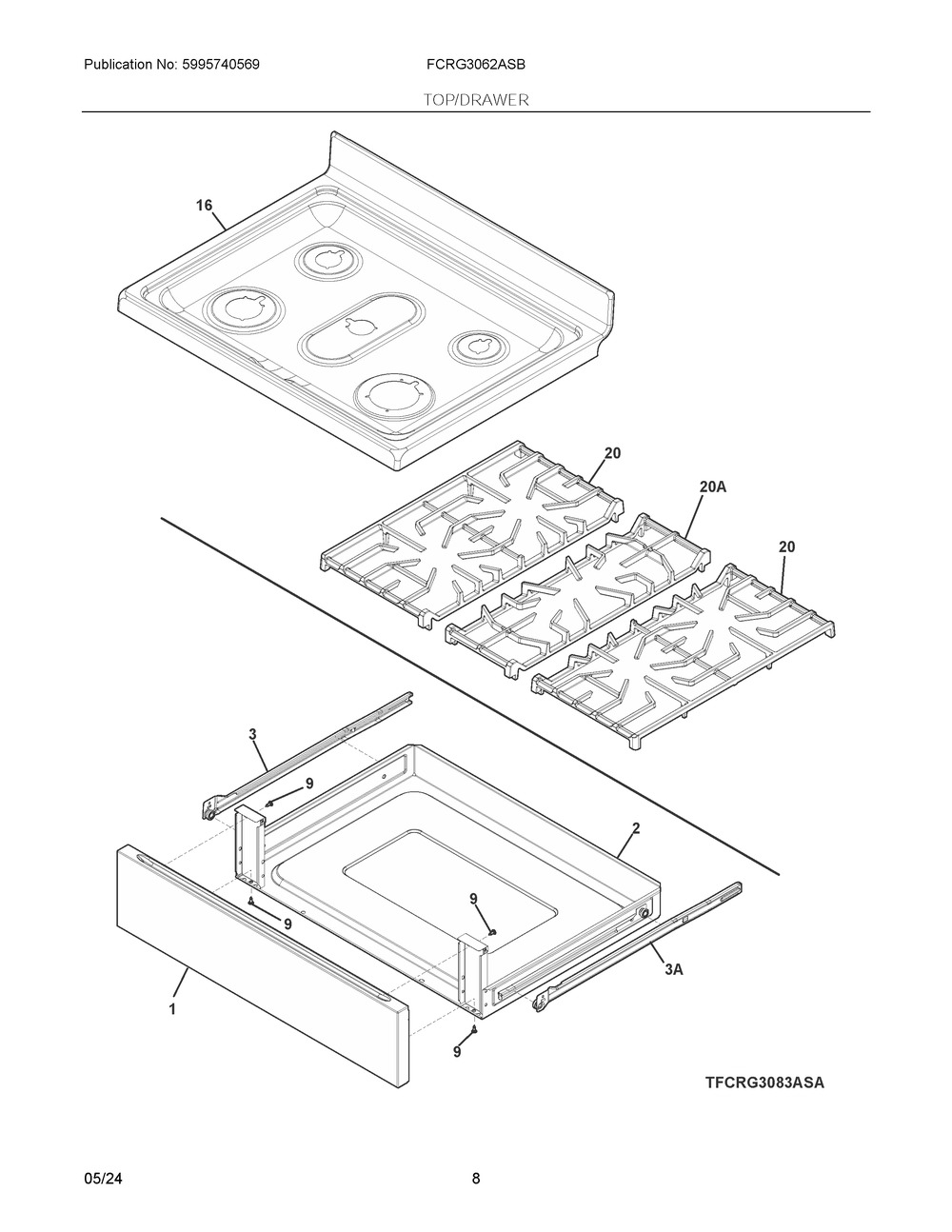 Top/Drawer Diagram and Parts List for FCRG3062ASB  Frigidaire Range