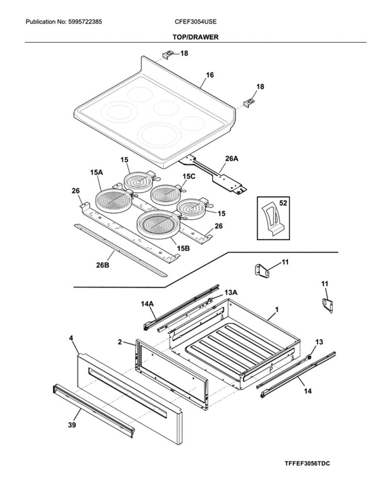 Top/Drawer Diagram and Parts List for CFEF3054USE  Frigidaire Range