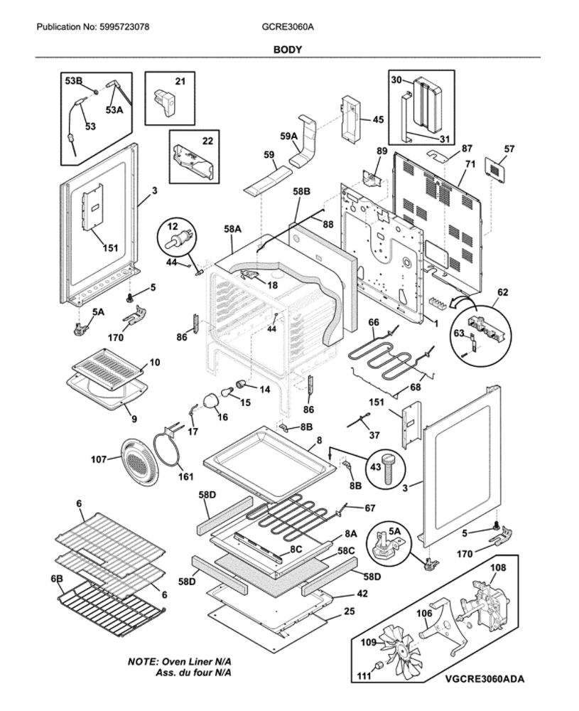 Body Diagram and Parts List for GCRE3060ADD  Frigidaire Range