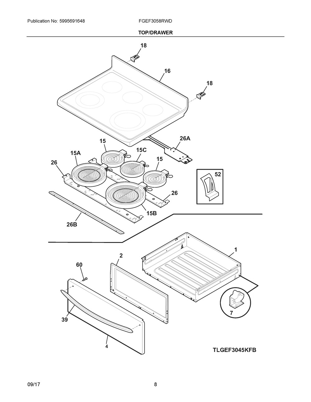 Top/drawer Diagram and Parts List for FGEF3058RWD  Frigidaire Range