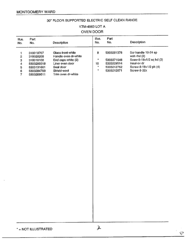 Oven Door Page 2 Diagram and Parts List for 4863A  Frigidaire Range