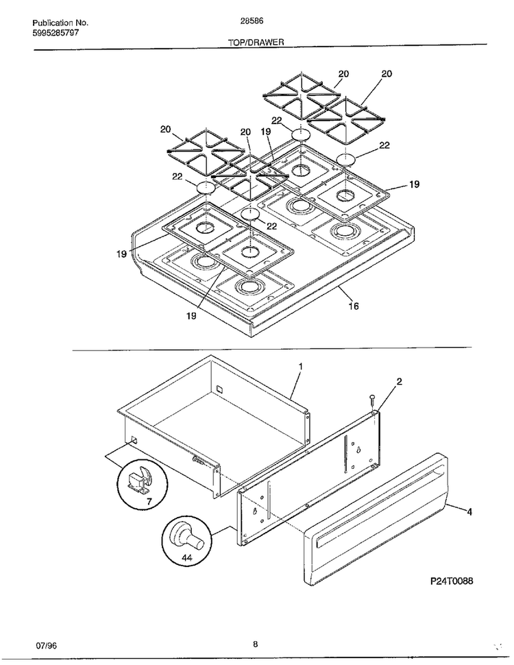Top/drawer Diagram and Parts List for 285860A  Frigidaire Range