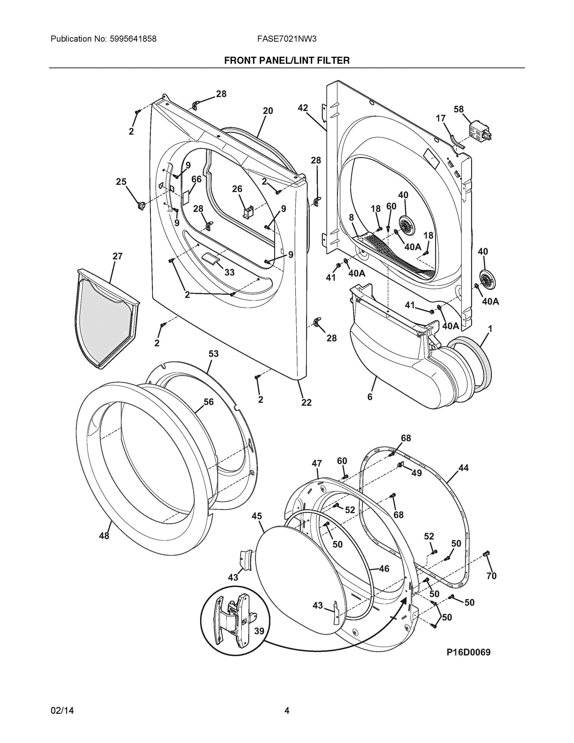 03 - FRONT PANEL/LINT FILTER Diagram and Parts List for FASE7021NW3  Frigidaire Dryer