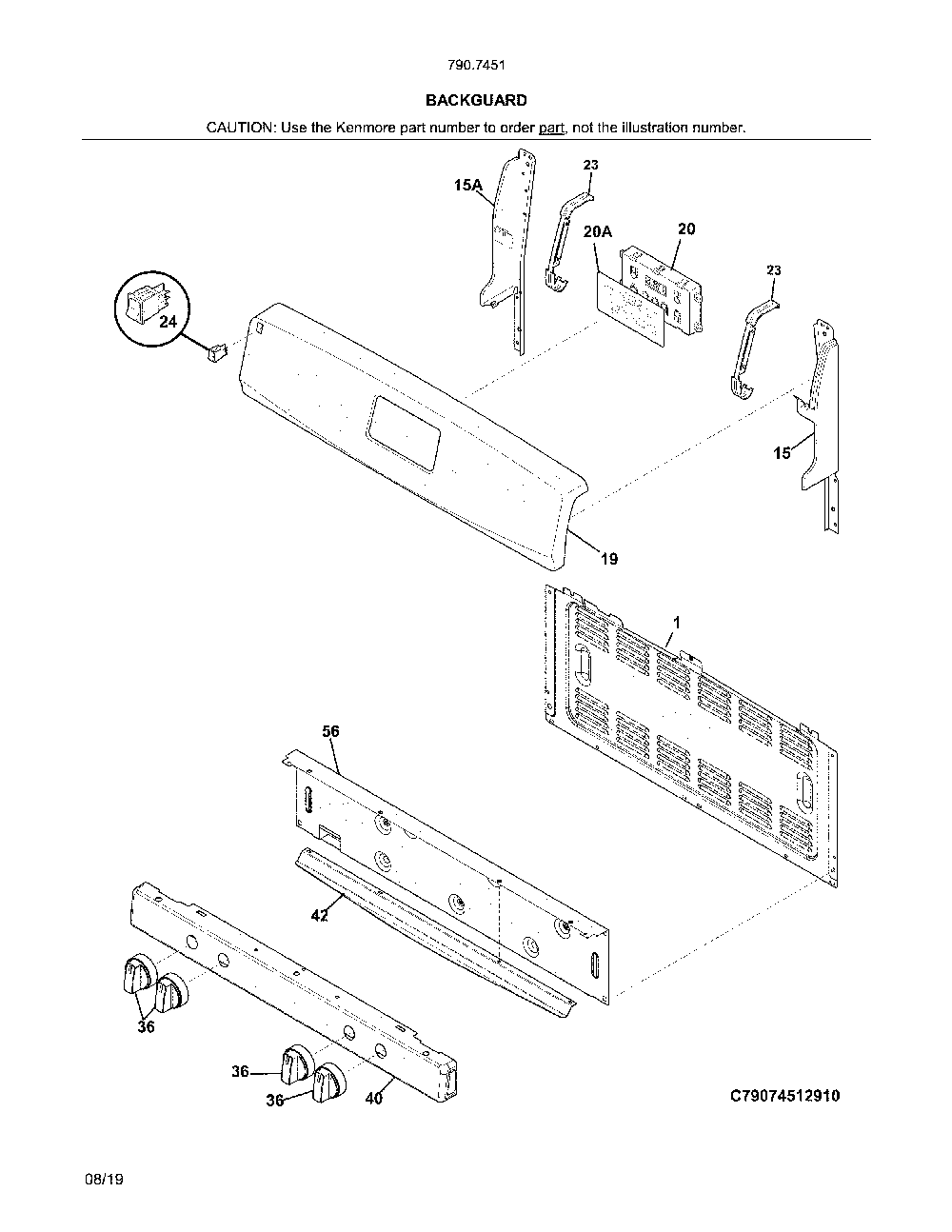 Backguard Diagram and Parts List for 79074512910  Kenmore Range