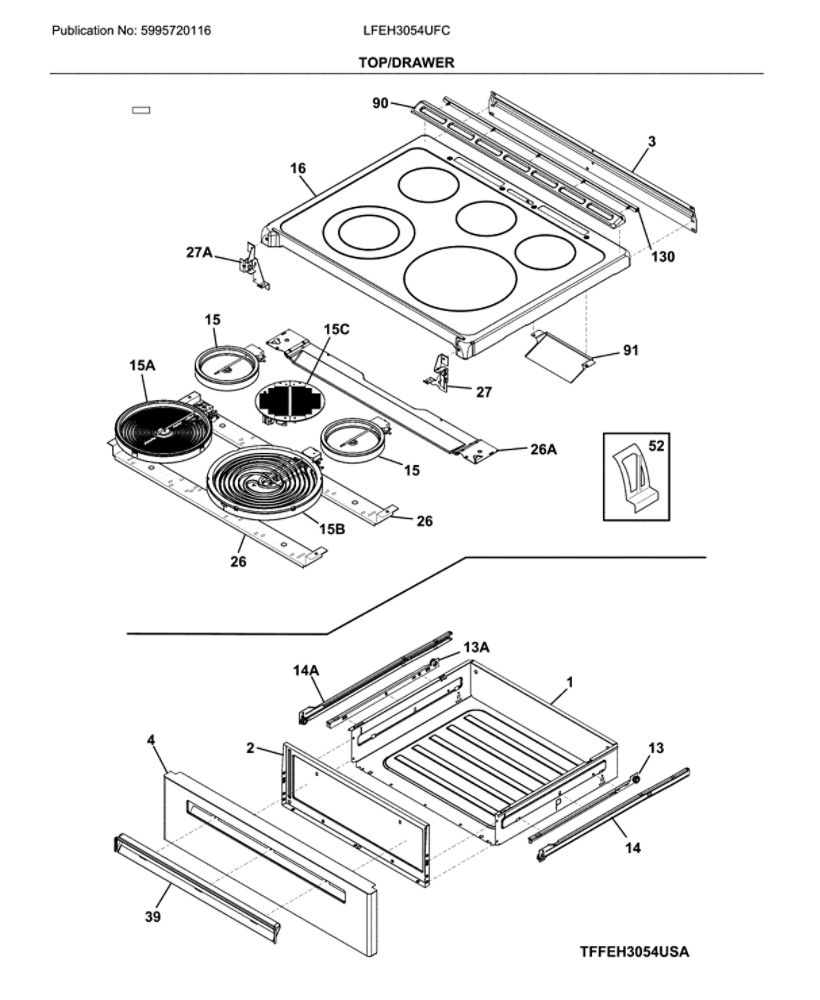 Top/Drawer Diagram and Parts List for LFEH3054UFC  Frigidaire Range