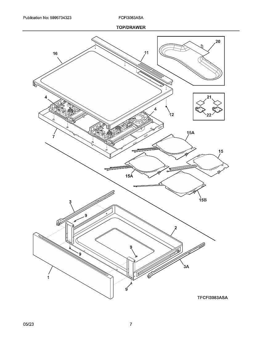 Top/Drawer Diagram and Parts List for FCFI3083ASA  Electrolux Range