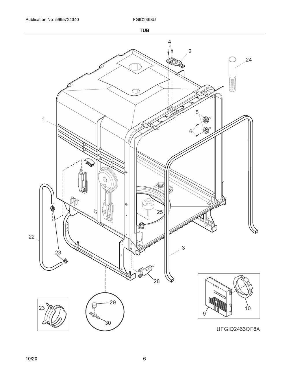 Tub Diagram and Parts List for FGID2468UD2A  Frigidaire Dishwasher