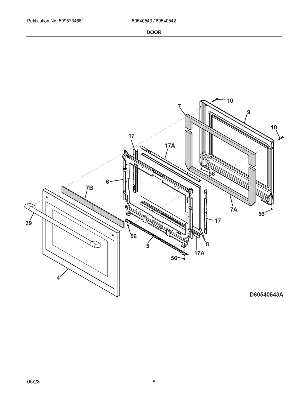 Door Diagram and Parts List for 60540543A  Frigidaire Wall Oven