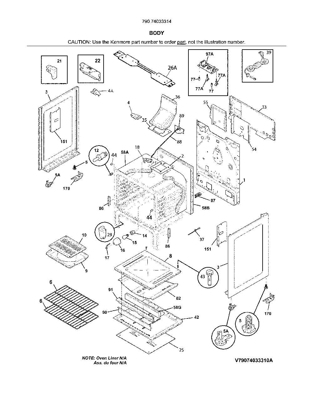 Body Diagram and Parts List for 79074033314  Kenmore Range