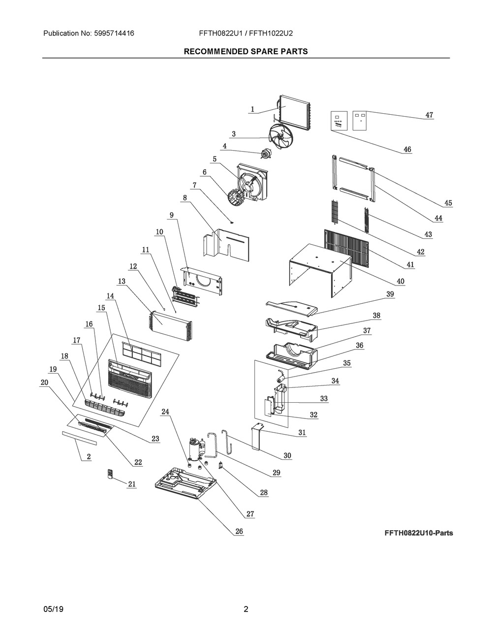 Recommended Spare Parts Diagram and Parts List for FFTH0822U10  Frigidaire Air Conditioner