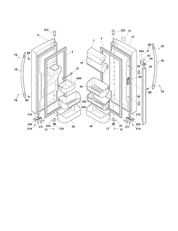Fresh Food Doors Diagram and Parts List for FGHF2344MF7  Frigidaire Refrigerator