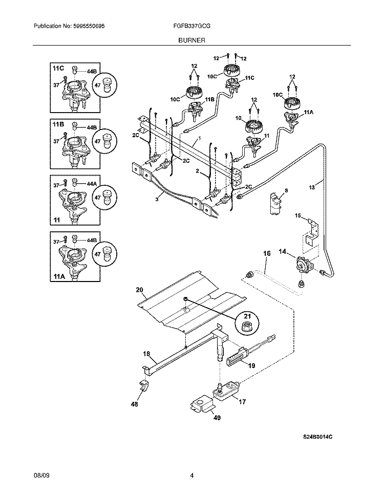 BURNER Diagram and Parts List for FGFB337GCG  Frigidaire Range