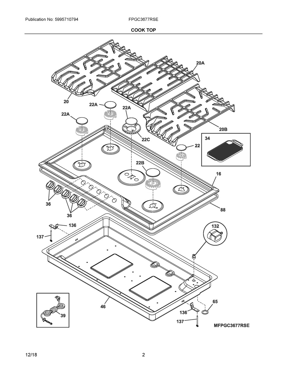 Cook Top Diagram and Parts List for FPGC3677RSE  Frigidaire Cooktop