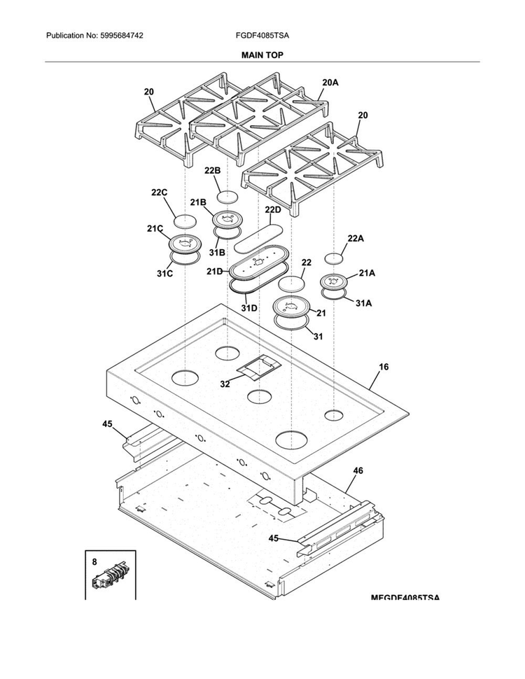 Main Top Diagram and Parts List for FGDF4085TSA  Frigidaire Range