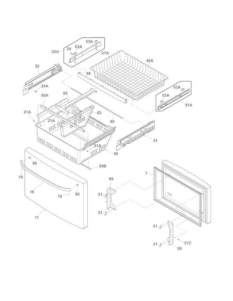 Freezer Drawer, Baskets Diagram and Parts List for FFHB2740PE1  Frigidaire Refrigerator