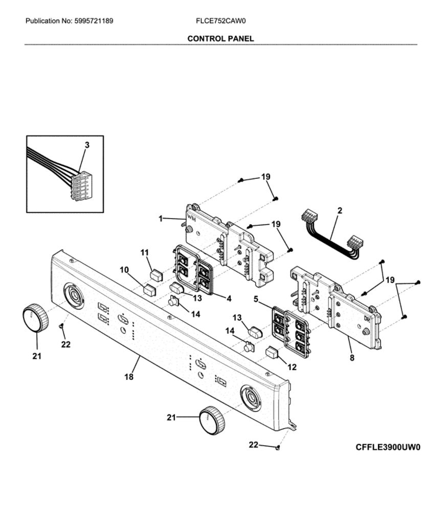 Control Panel Diagram and Parts List for FLCE752CAW0  Frigidaire Washer Dryer Combo