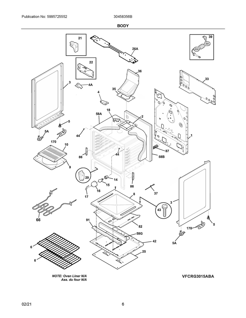 Body Diagram and Parts List for 30458356B  Frigidaire Range