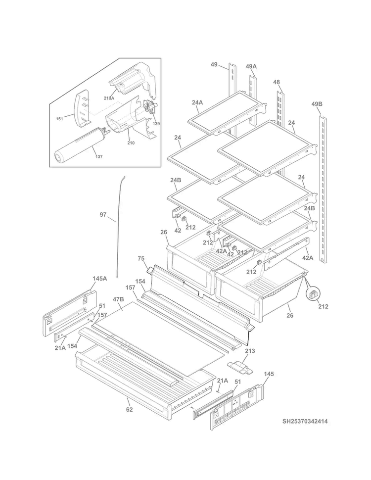 Shelves Diagram and Parts List for 25370343418  Kenmore Refrigerator