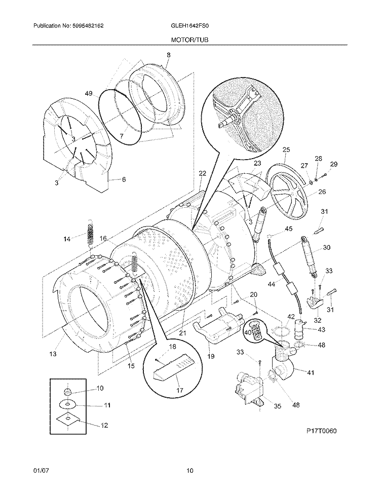 MOTOR / TUB Diagram and Parts List for GLEH1642FS0  Frigidaire Washer Dryer Combo