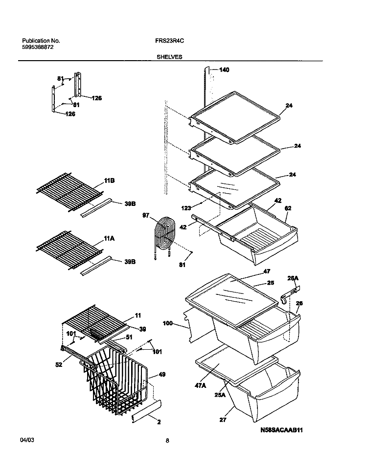 SHELVES Diagram and Parts List for FRS23R4CB0  Frigidaire Refrigerator