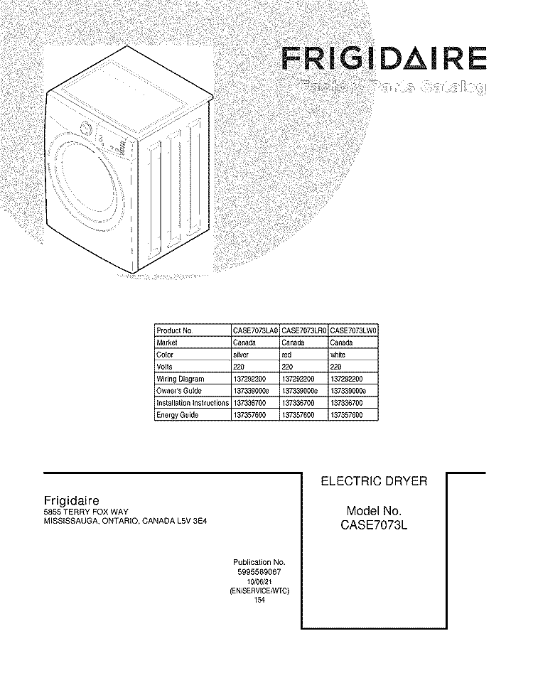 COVER Diagram and Parts List for CASE7073LA0  Frigidaire Dryer