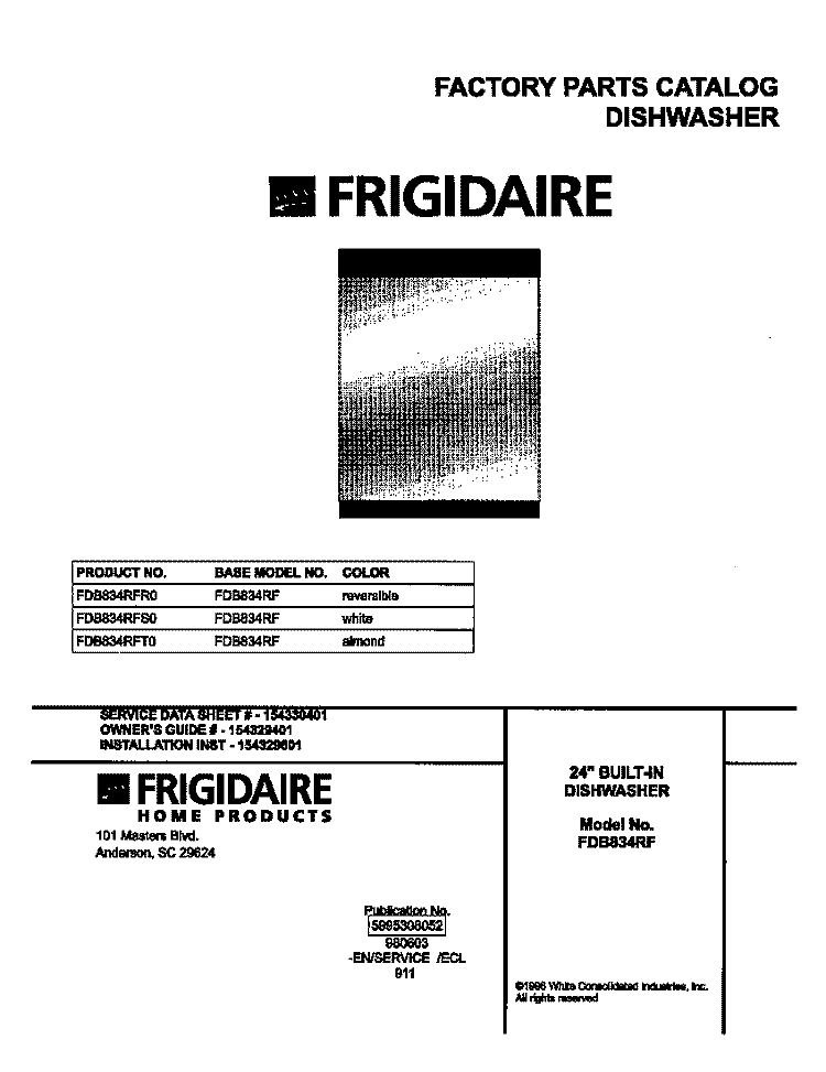 COVER Diagram and Parts List for FDB834RFR0  Frigidaire Dishwasher