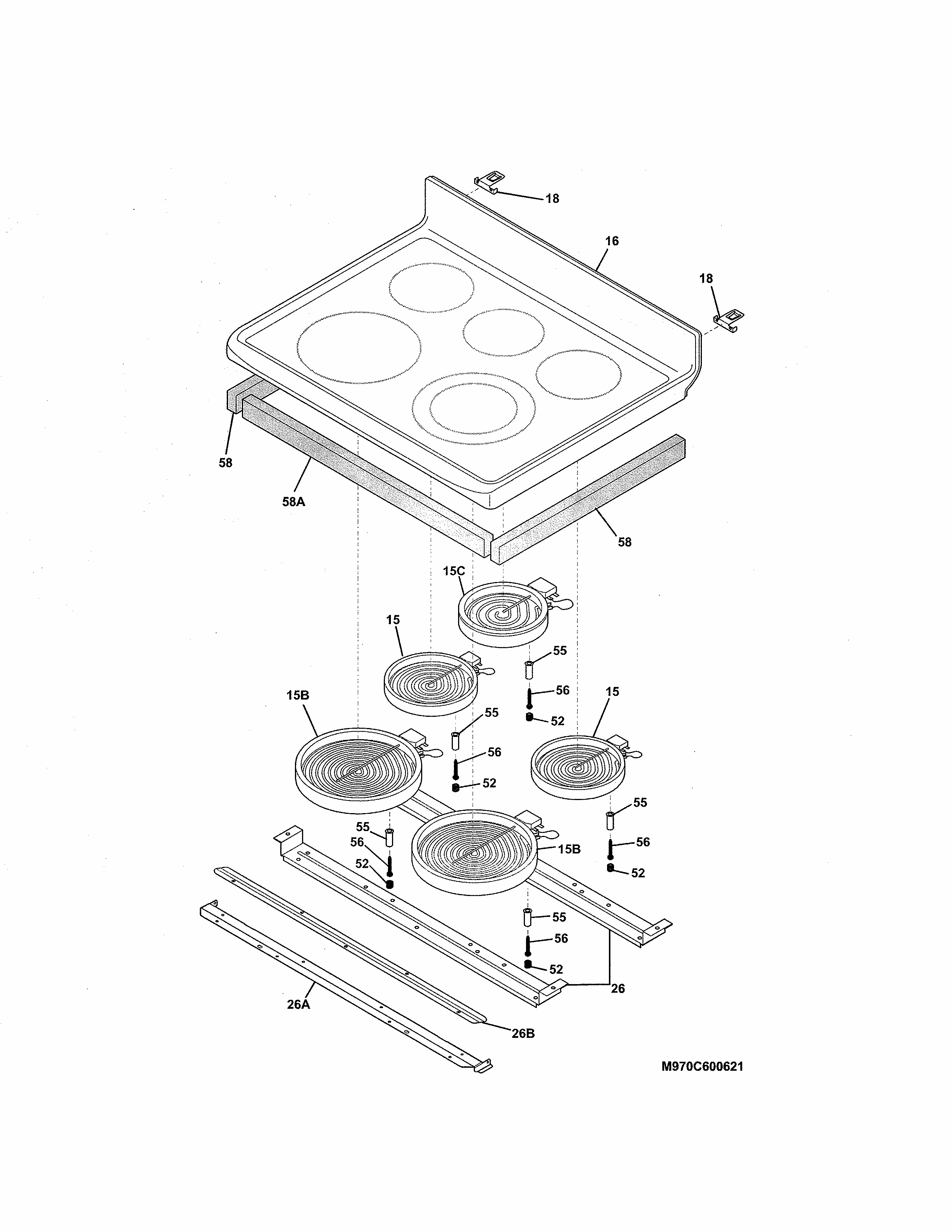 Main Top Diagram and Parts List for 79097633300  Kenmore Range