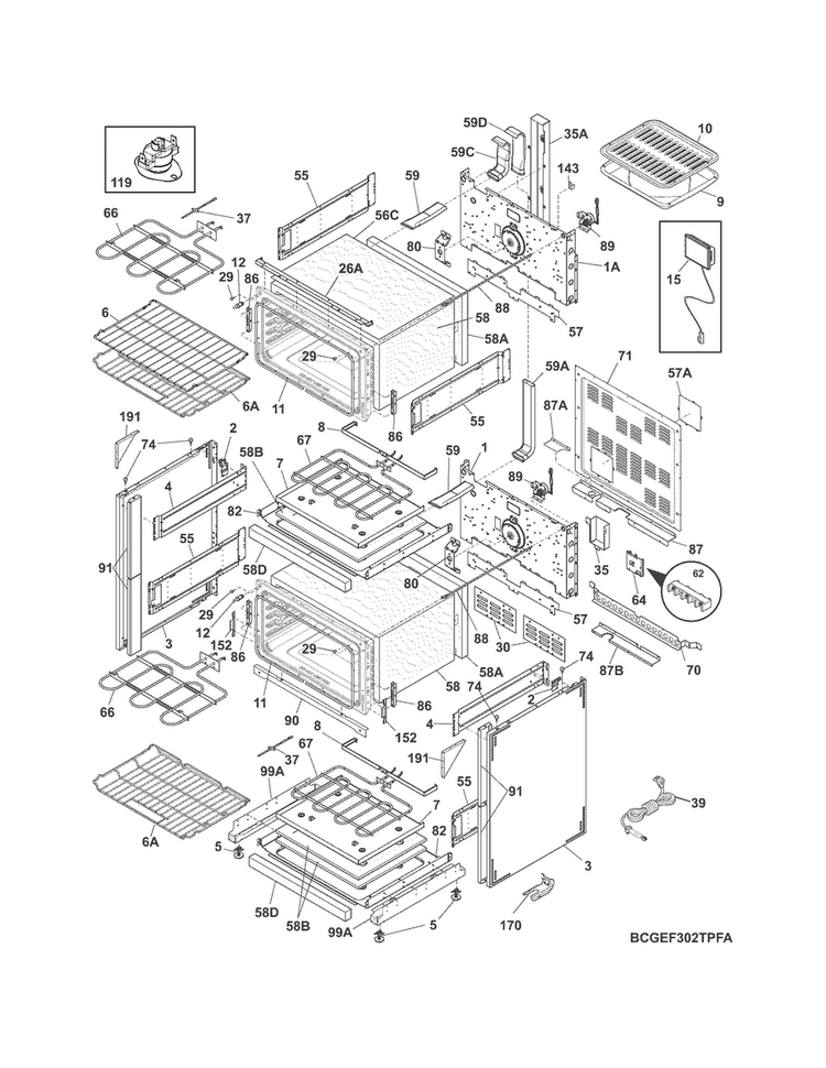 Body Diagram and Parts List for CGEF302TPFA  Frigidaire Range