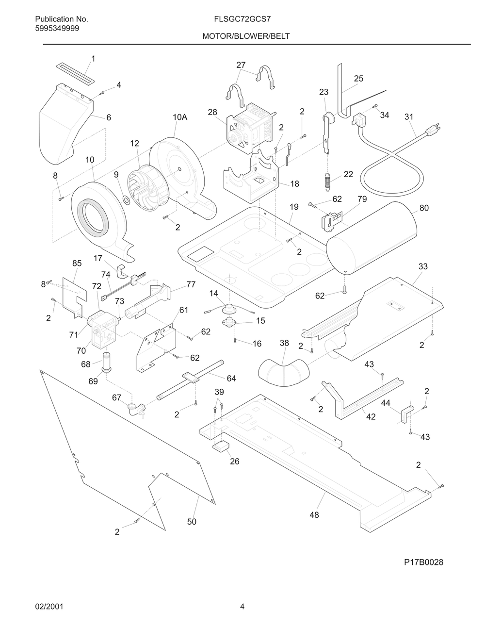 Motor/Blower/Belt Diagram and Parts List for FLSGC72GCS7  Frigidaire Dryer