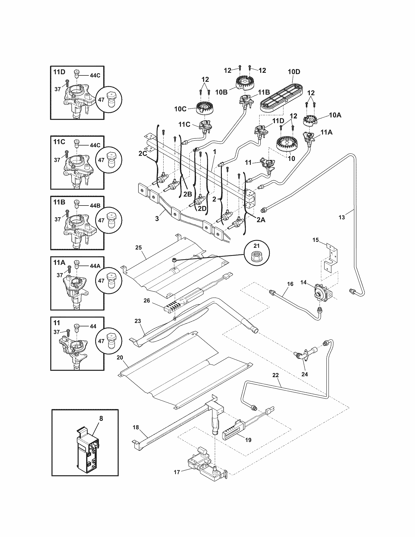 Burner Diagram and Parts List for 79072904014  Kenmore Range
