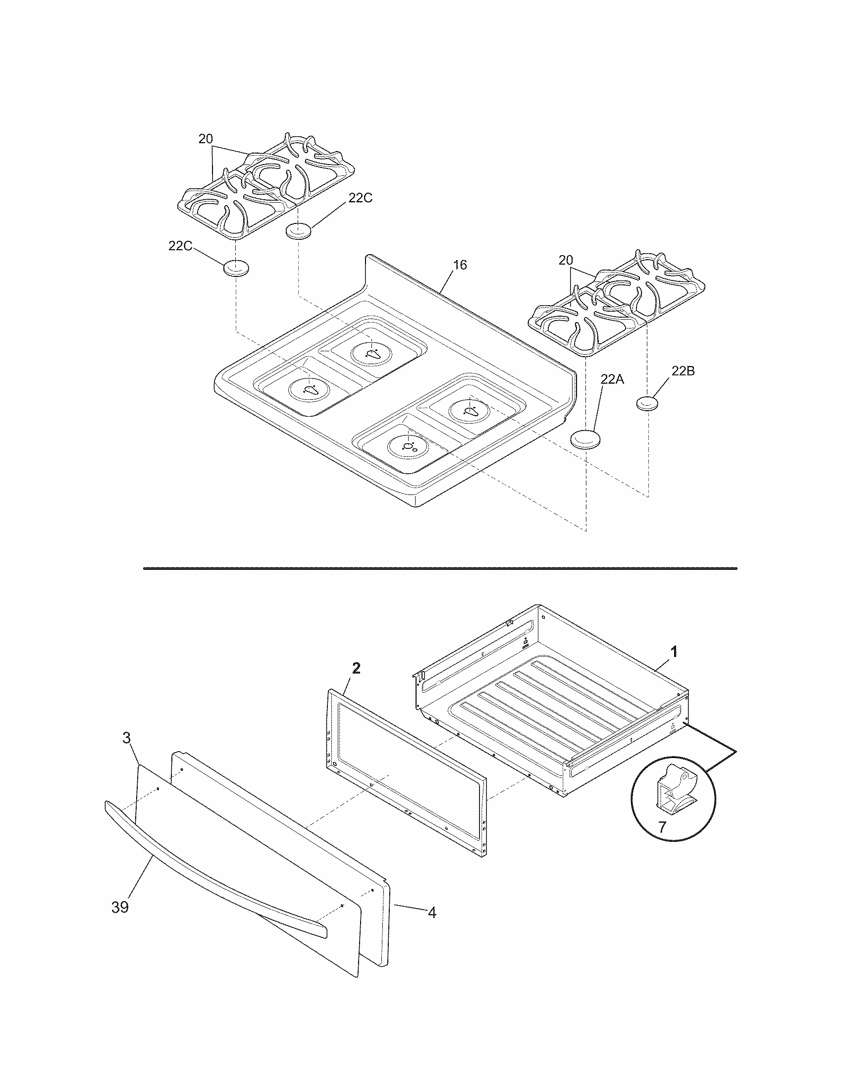 Top/drawer Diagram and Parts List for 79072403013  Kenmore Range