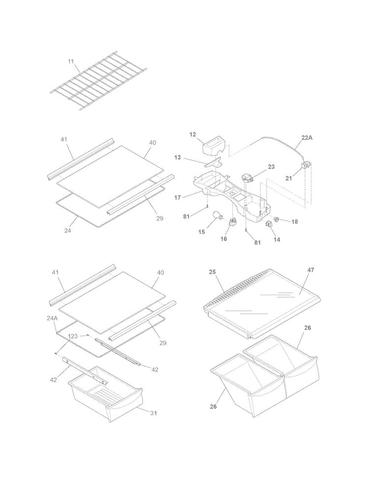 Shelves Diagram and Parts List for WRT8G3EWW  Westinghouse Refrigerator