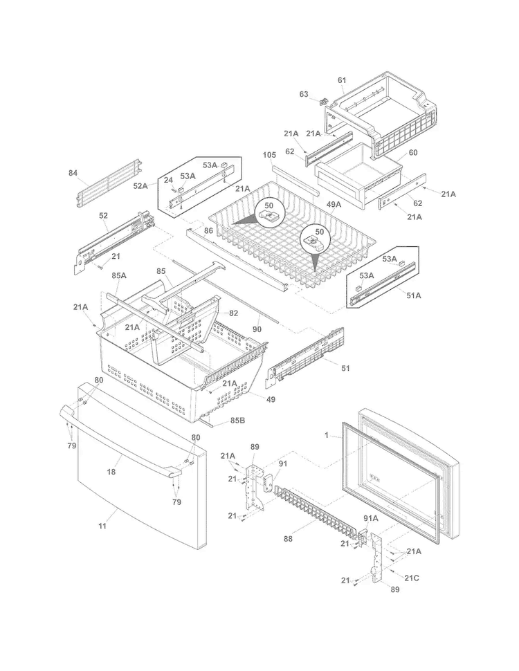 Freezer Drawer, Baskets Diagram and Parts List for EW28BS85KS7  Electrolux Refrigerator
