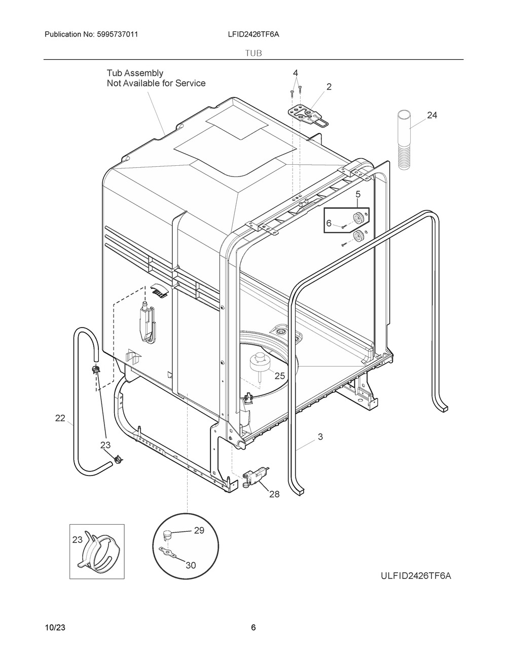 Tub Diagram and Parts List for LFID2426TF6A  Frigidaire Dishwasher