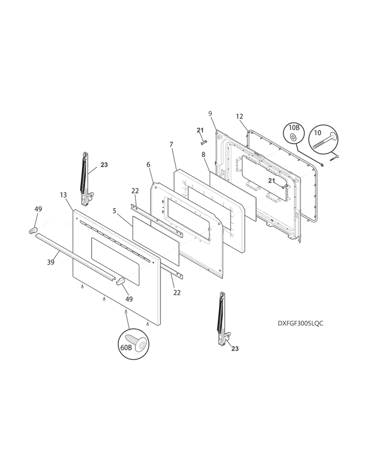 Door Diagram and Parts List for FFGF3005MWD  Frigidaire Range