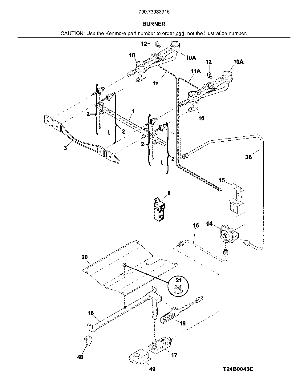 Burner Diagram and Parts List for 79073033316  Kenmore Range