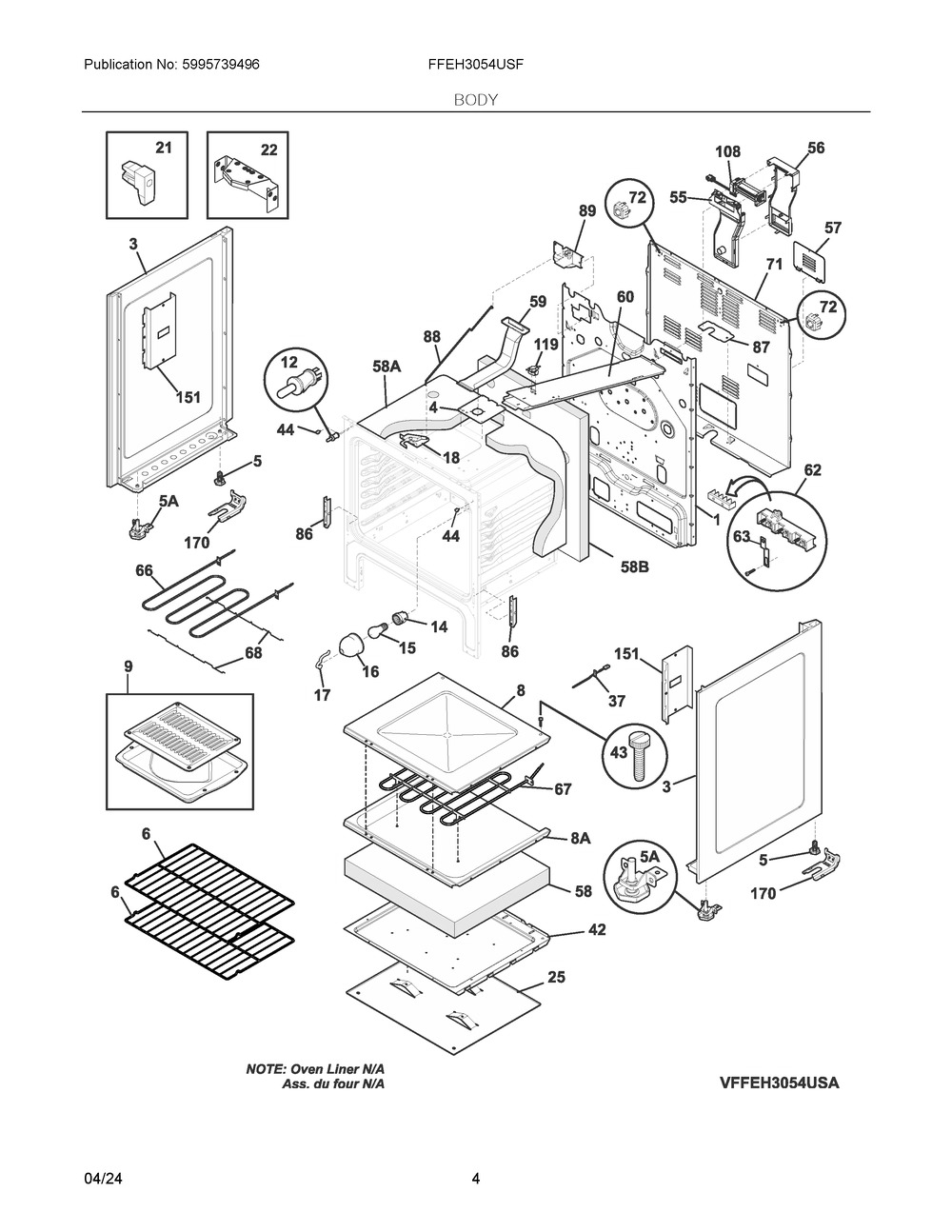 Body Diagram and Parts List for FFEH3054USF  Frigidaire Range