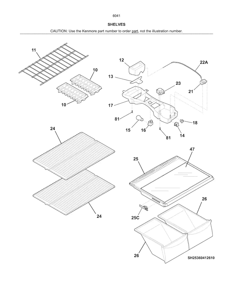 Shelves Diagram and Parts List for 25360412610  Kenmore Refrigerator