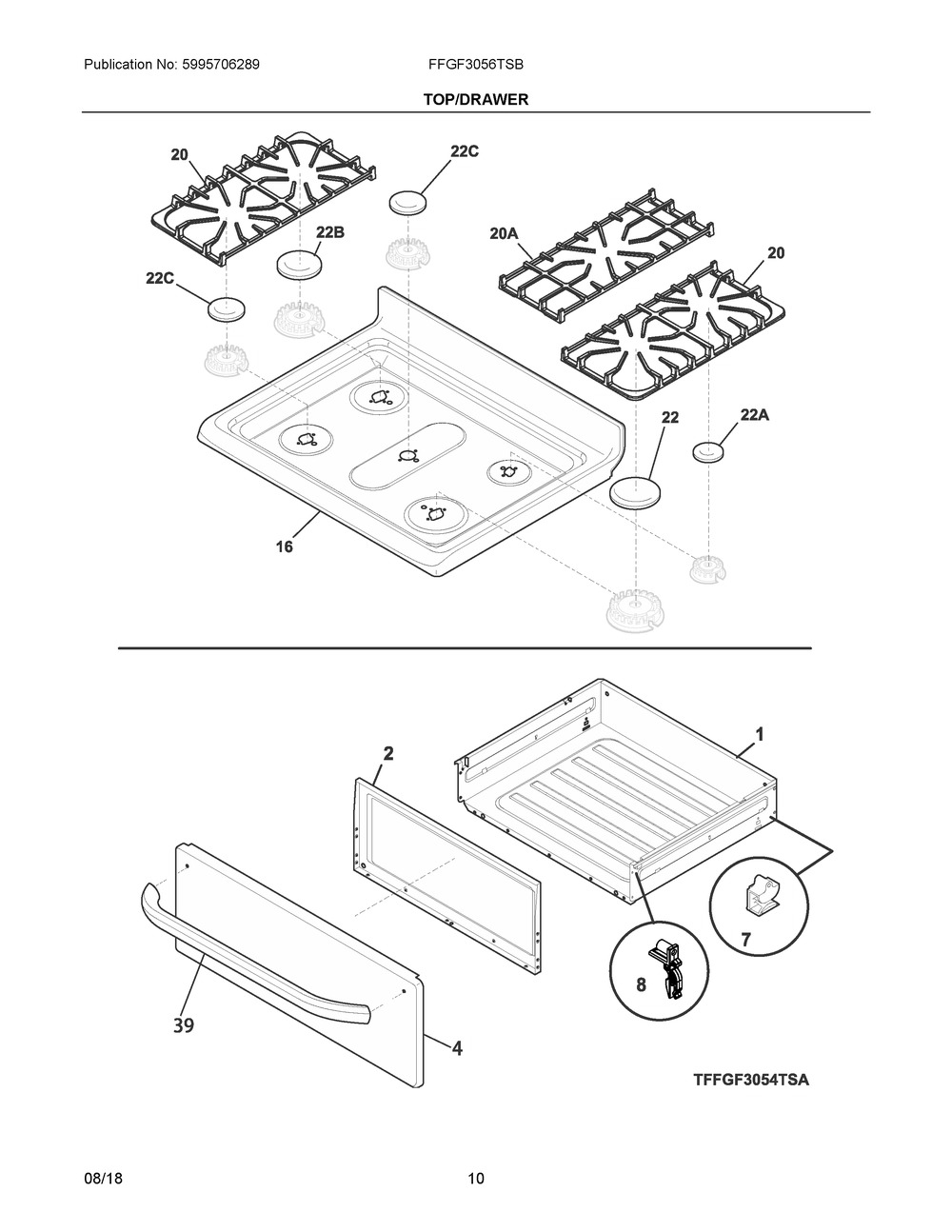 Top/drawer Diagram and Parts List for FFGF3056TSB  Frigidaire Range