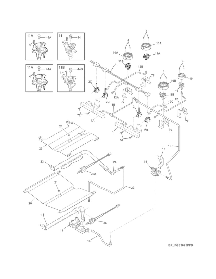 Burner Diagram and Parts List for FFGS3025PSF  Frigidaire Range