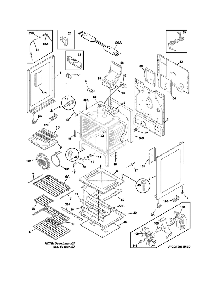Body Diagram and Parts List for FGGF3054MFJ  Frigidaire Range